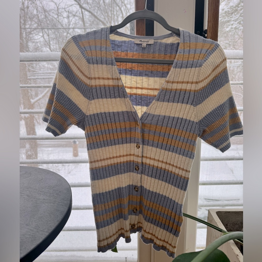 Madewell Striped Ribbed Button-Front Top in Blue, Cream & Tan